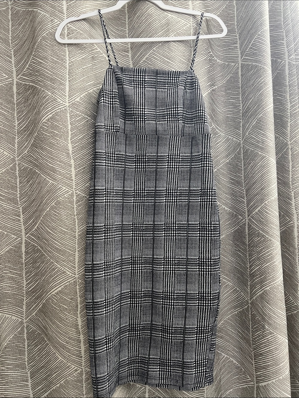 Vibe Black and White Plaid Square-Neck Spaghetti Strap Midi Dress